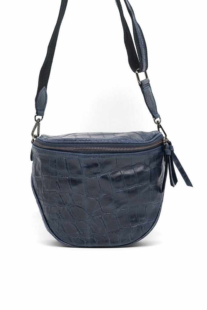 Crossbody-Bag KENNY aus genarbtem Leder mit Kroko-Prägung in dunkelblau