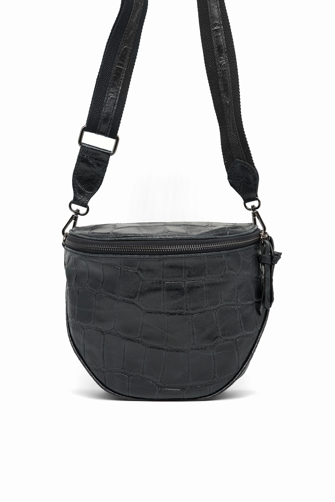 Crossbody-Bag KENNY aus genarbtem Leder mit Kroko-Prägung in schwarz
